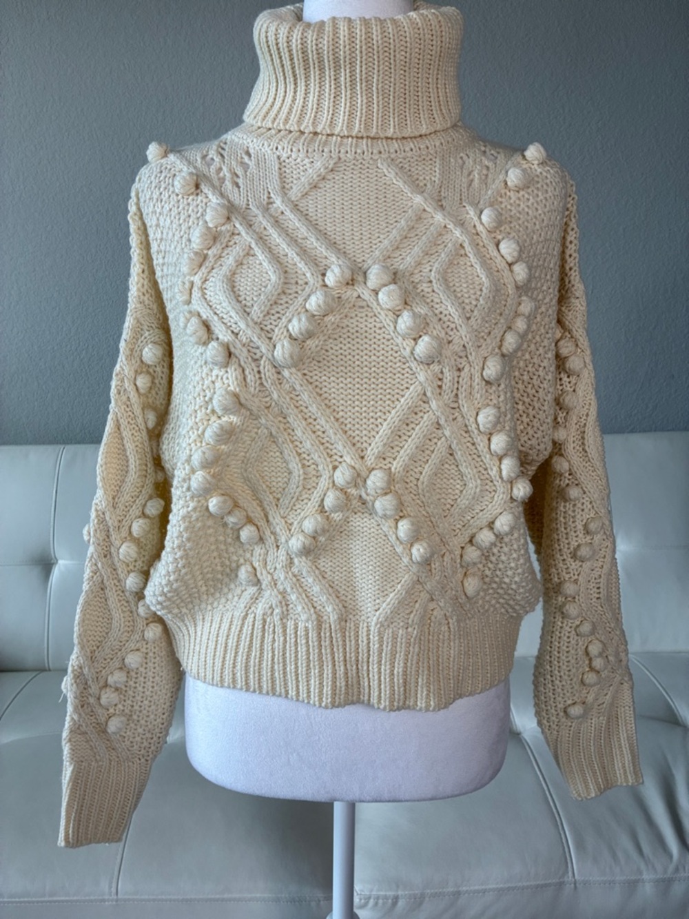 Forever 21 Cream Cable Bobble Turtleneck Relaxed Fit Sweater